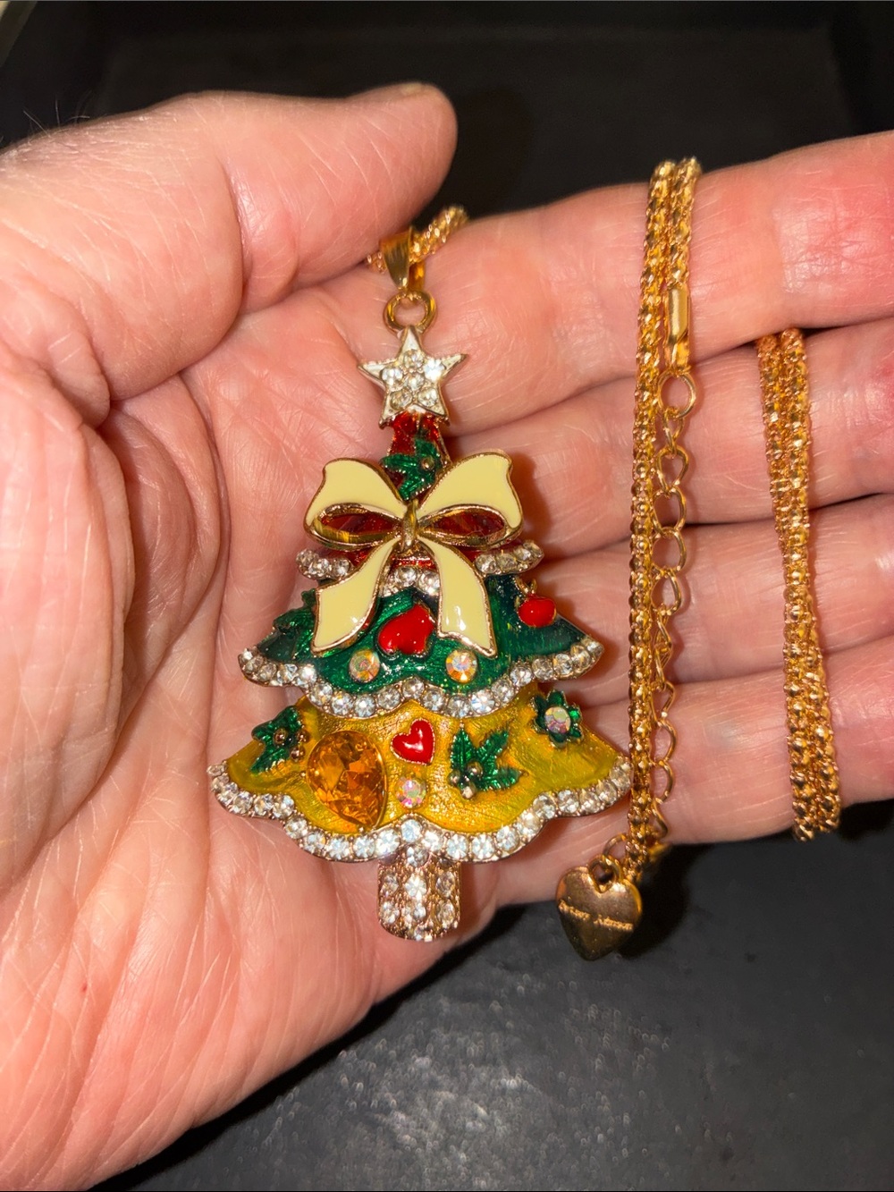 Festive Gold Christmas Tree Pendant Necklace with Enamel Accents